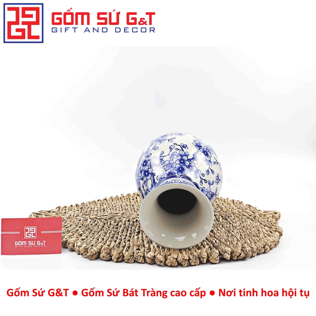 Lọ hoa dáng tỏi men lam vẽ chim đào H24
