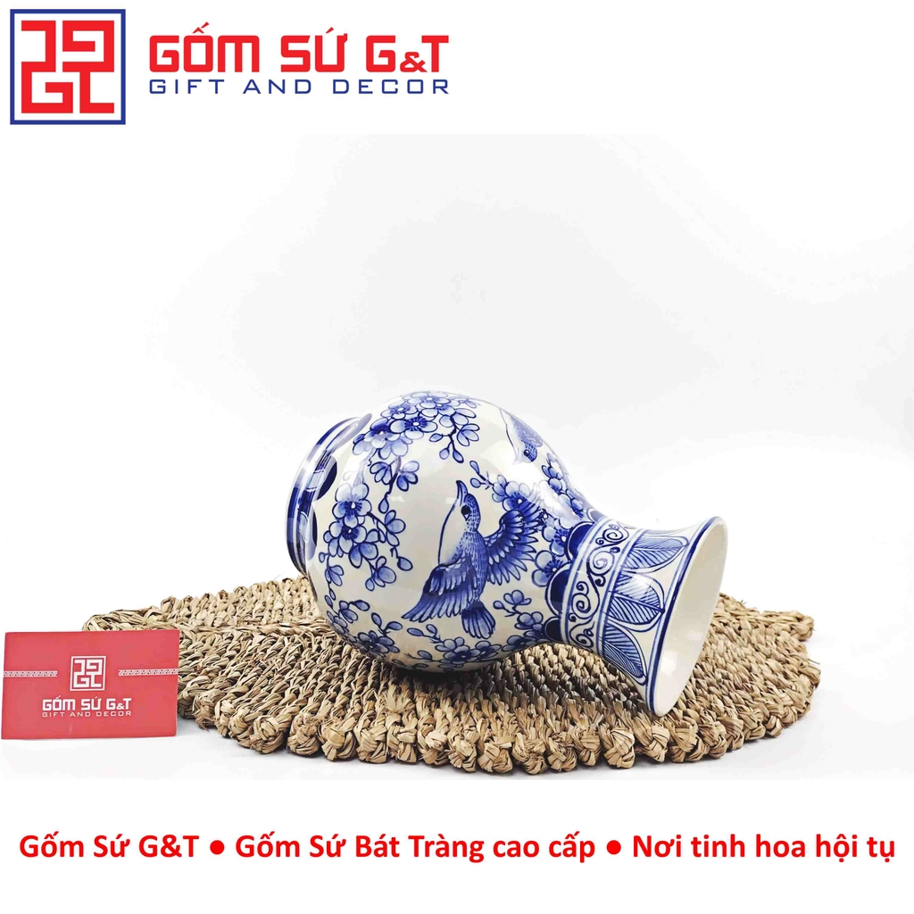 Lọ hoa dáng tỏi men lam vẽ chim đào H24