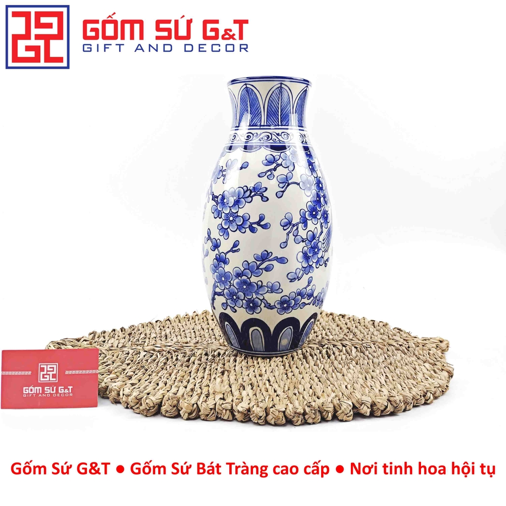 Lọ hoa dáng ống men lam vẽ chim đào H30