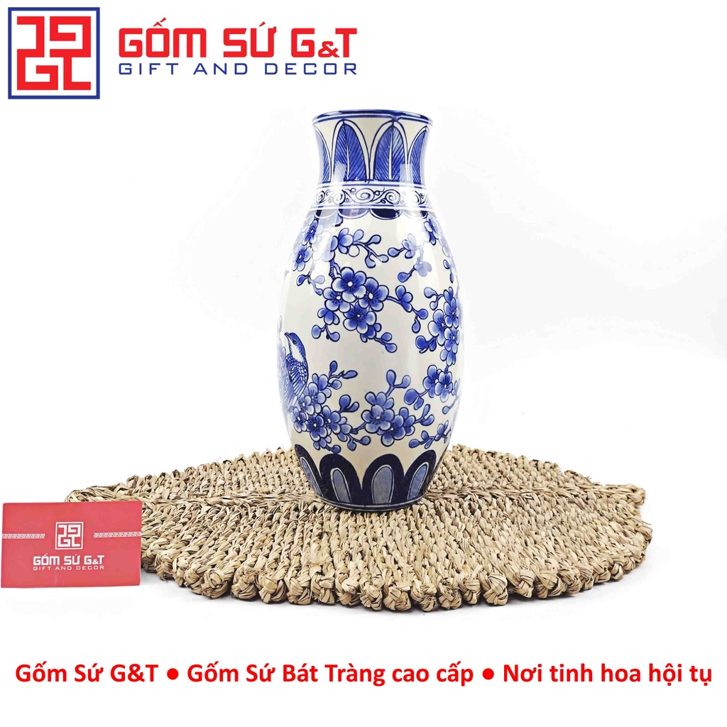 Lọ hoa dáng ống men lam vẽ chim đào H30