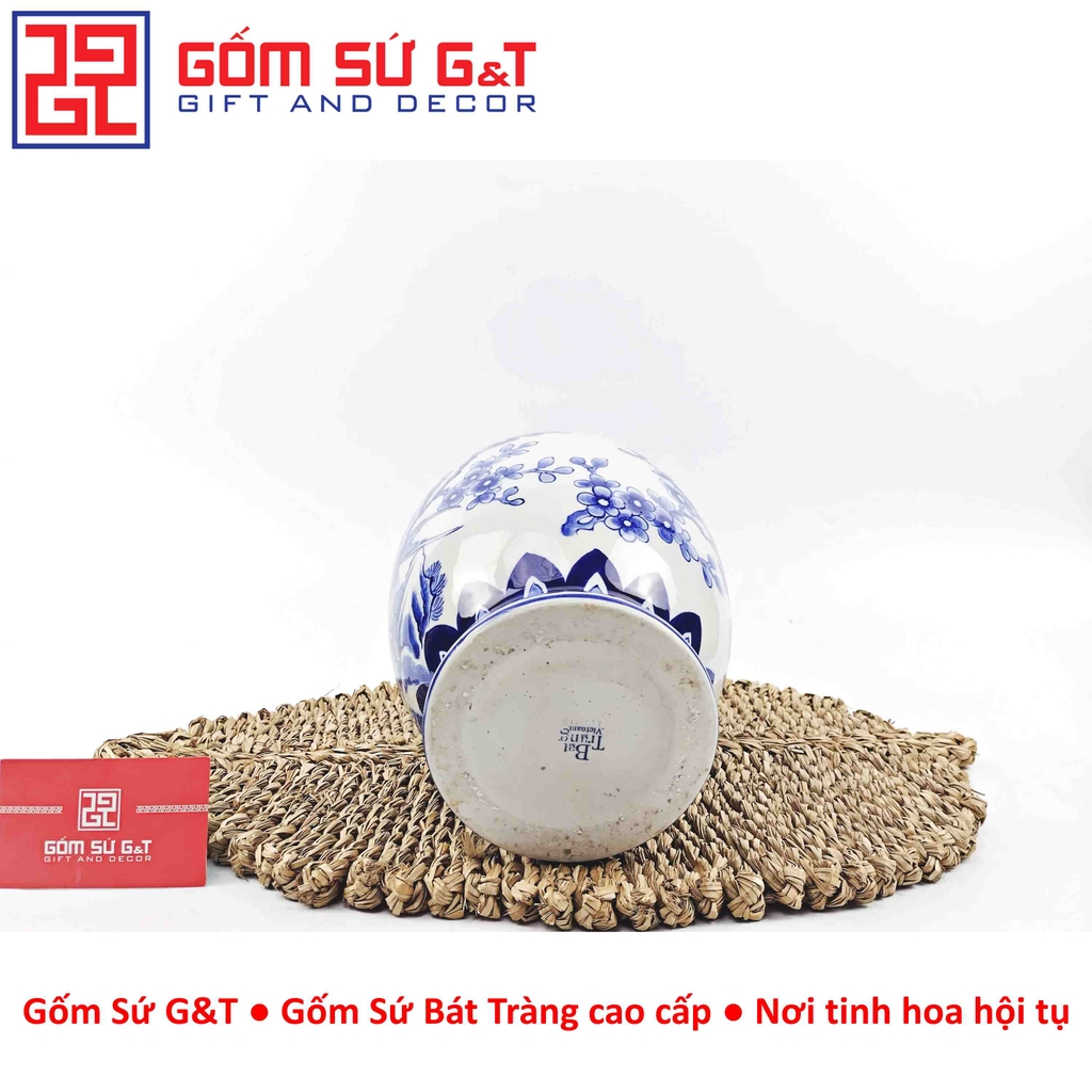 Lọ hoa dáng vò men lam vẽ chim đào H28
