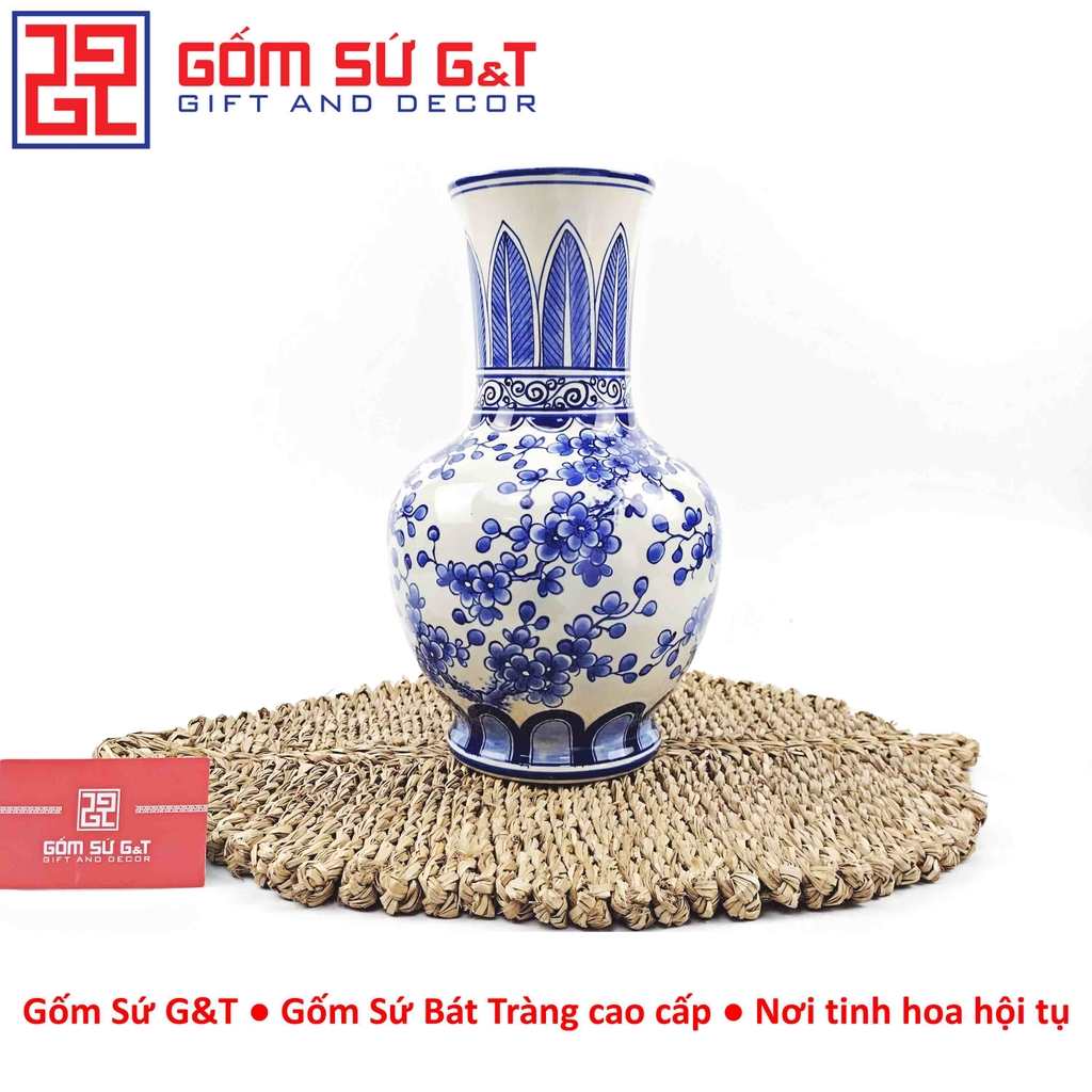 Lọ hoa dáng tỏi chân cao men lam vẽ chim đào H32