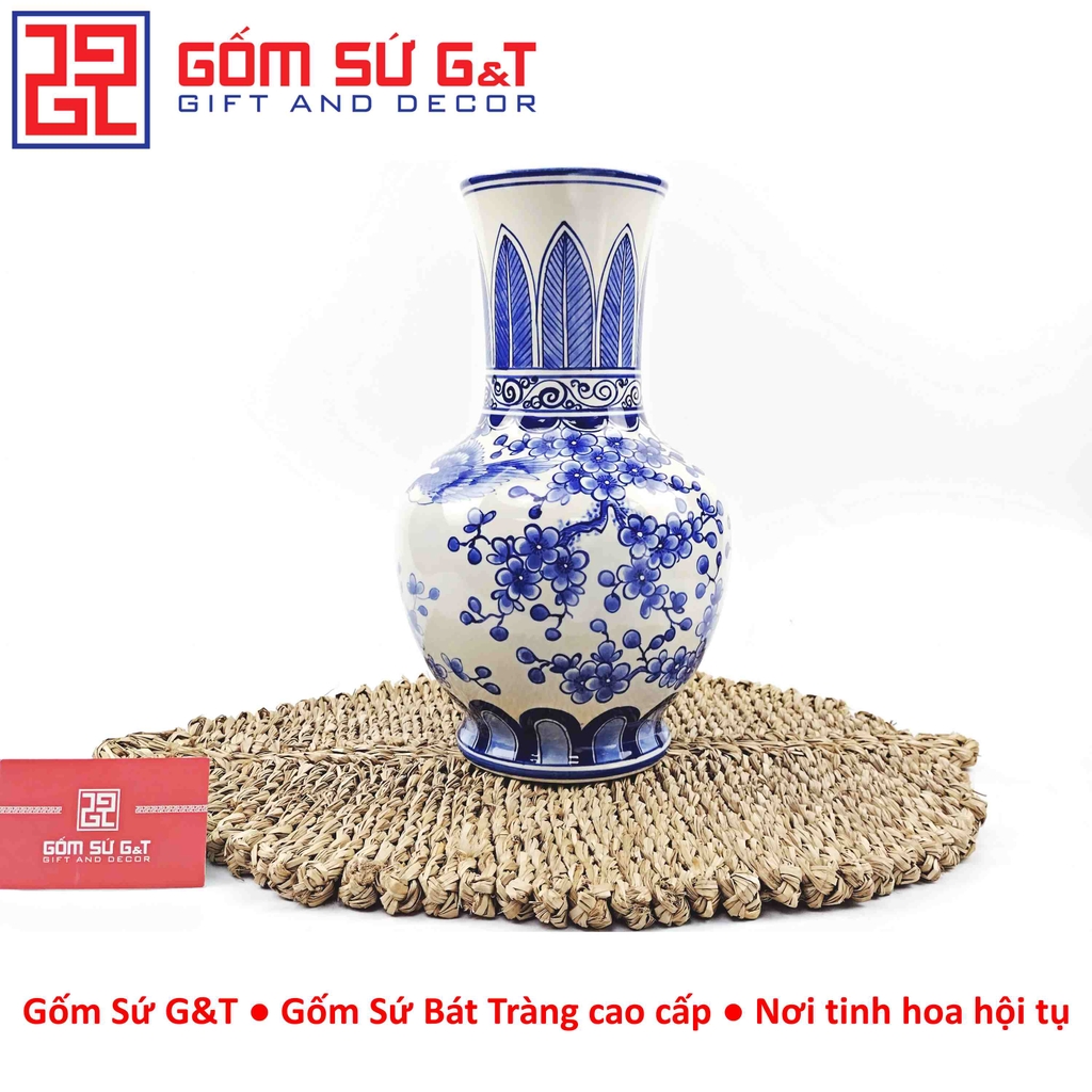 Lọ hoa dáng tỏi chân cao men lam vẽ chim đào H32