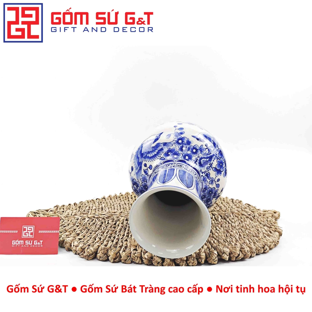 Lọ hoa dáng tỏi chân cao men lam vẽ chim đào H32