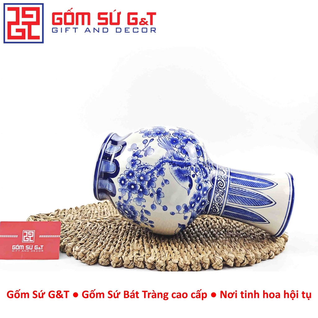 Lọ hoa dáng tỏi chân cao men lam vẽ chim đào H32