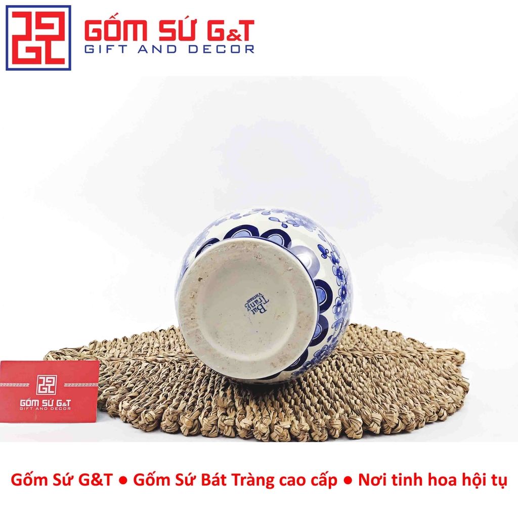 Lọ hoa dáng tỏi chân cao men lam vẽ chim đào H32