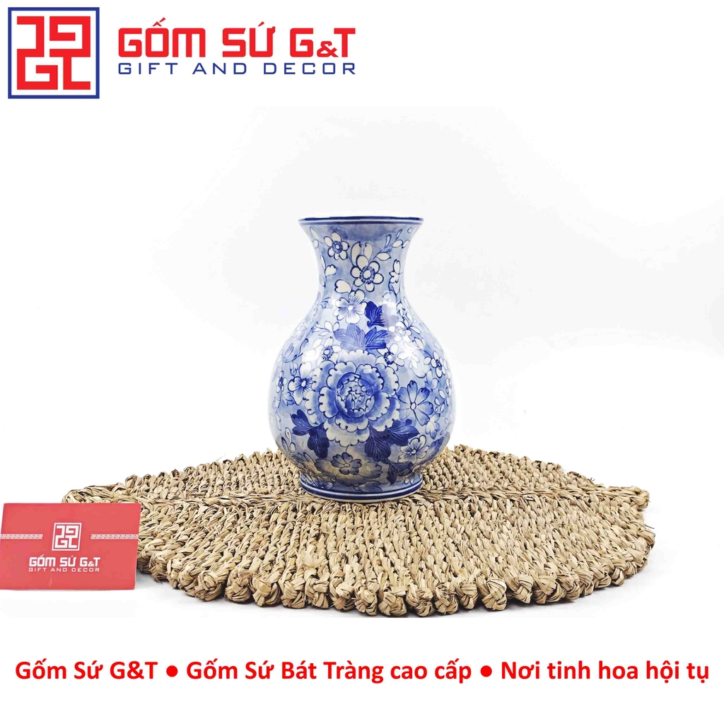 Lọ hoa dáng tỏi men lam vẽ hoa nhạt H24