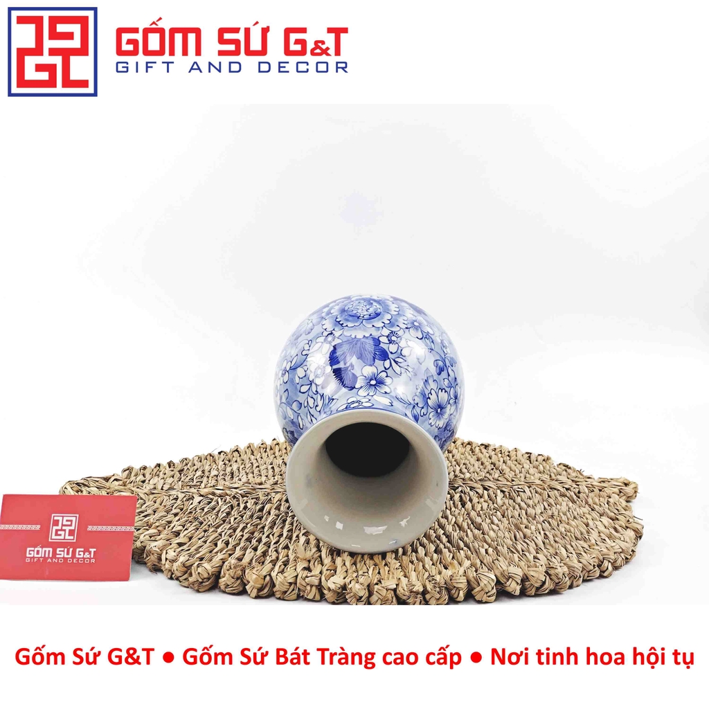 Lọ hoa dáng tỏi men lam vẽ hoa nhạt H24