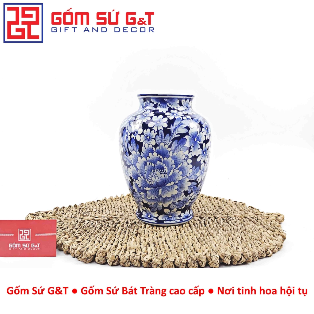 Lọ hoa dáng phích men lam vẽ ngàn hoa H25