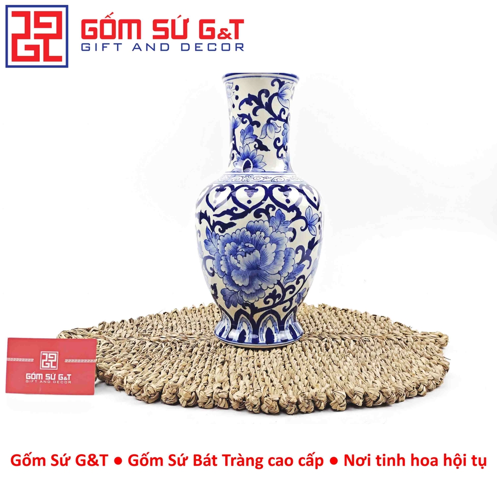 Lọ hoa dáng tỏi chân cao men lam vẽ thổ cẩm H32