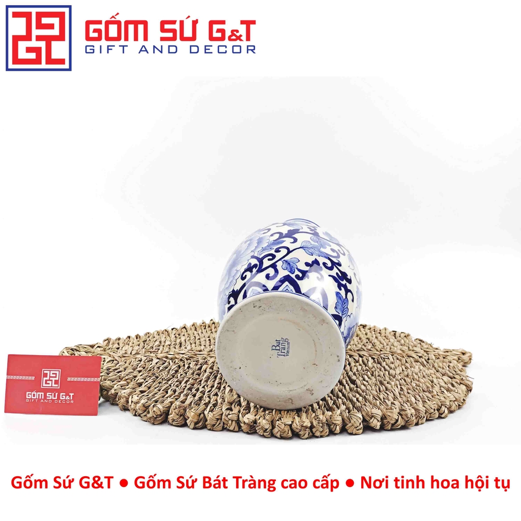 Lọ hoa dáng tỏi chân cao men lam vẽ thổ cẩm H32