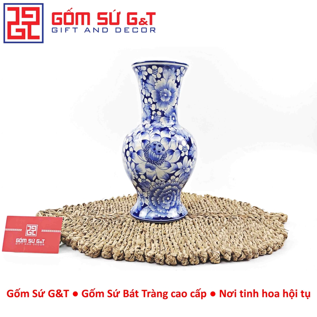 Lọ hoa dáng tỏi chân cao men lam vẽ ngàn hoa H30