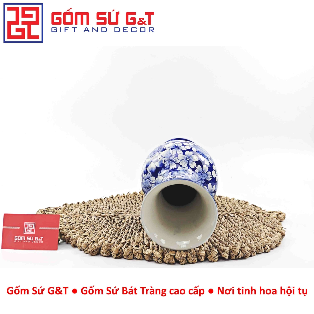 Lọ hoa dáng tỏi chân cao men lam vẽ ngàn hoa H30