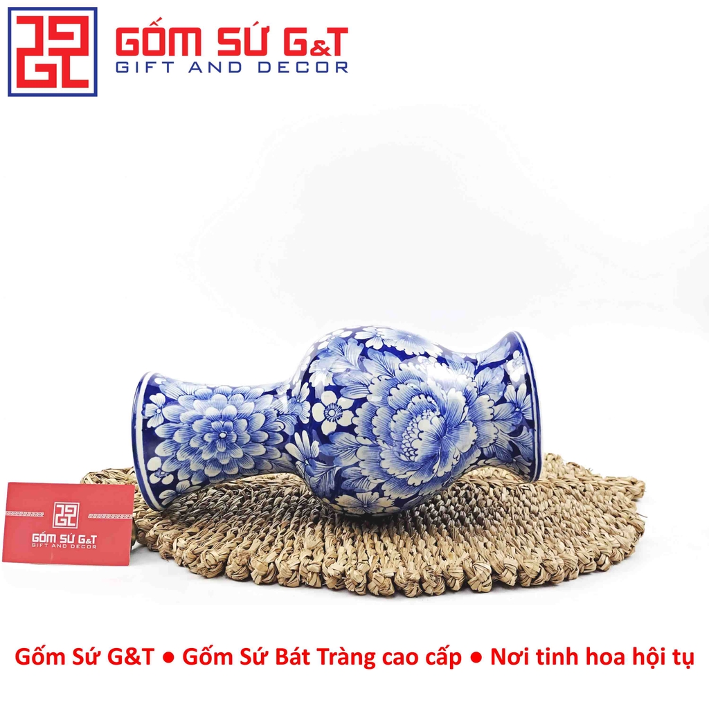 Lọ hoa dáng tỏi chân cao men lam vẽ ngàn hoa H30