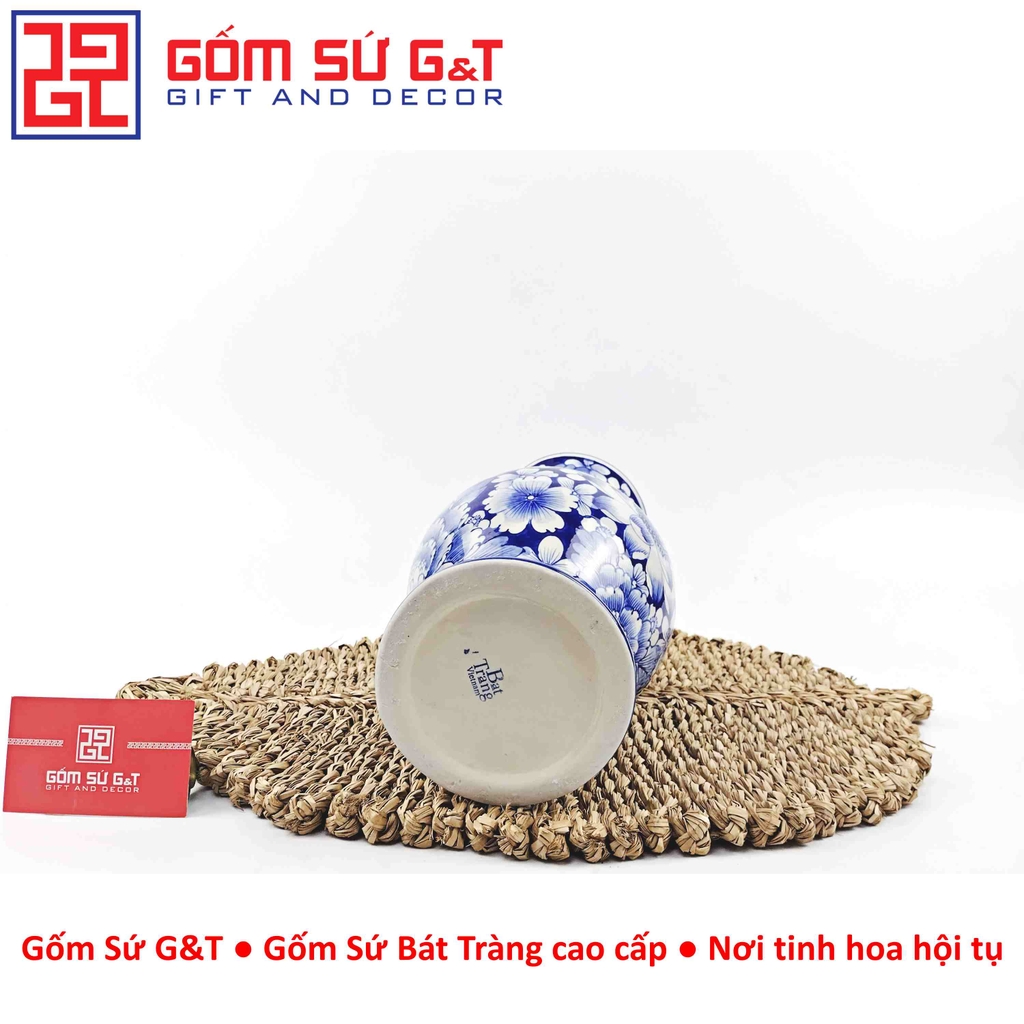 Lọ hoa dáng tỏi chân cao men lam vẽ ngàn hoa H30