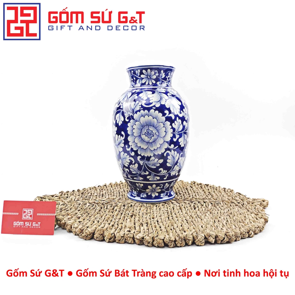 Lọ hoa dáng phích cổ cao men lam vẽ hoa dây H28