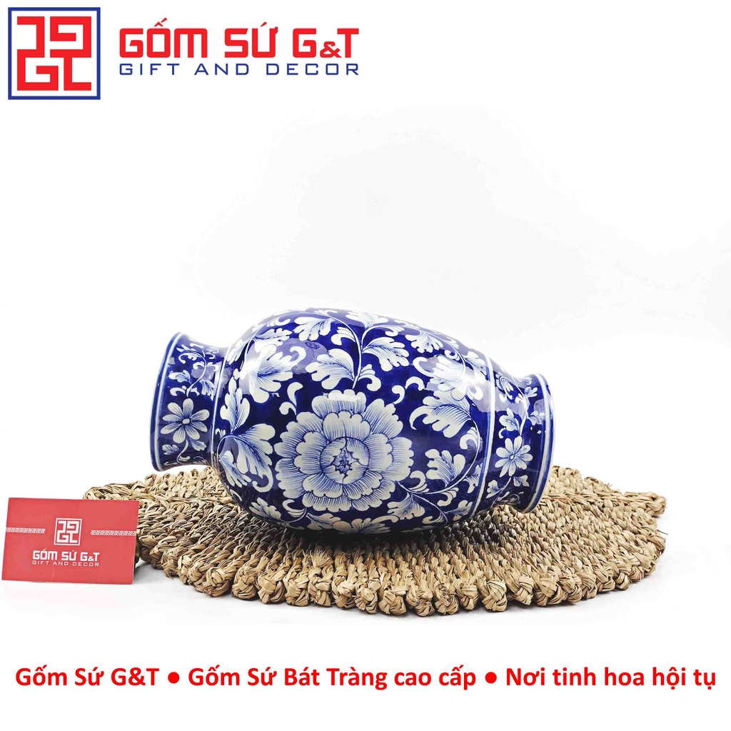 Lọ hoa dáng phích cổ cao men lam vẽ hoa dây H28