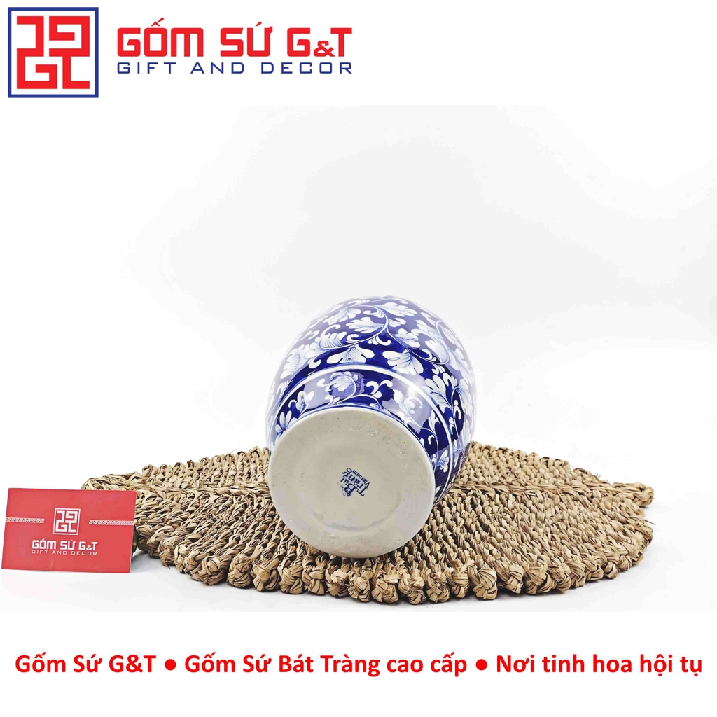Lọ hoa dáng phích cổ cao men lam vẽ hoa dây H28