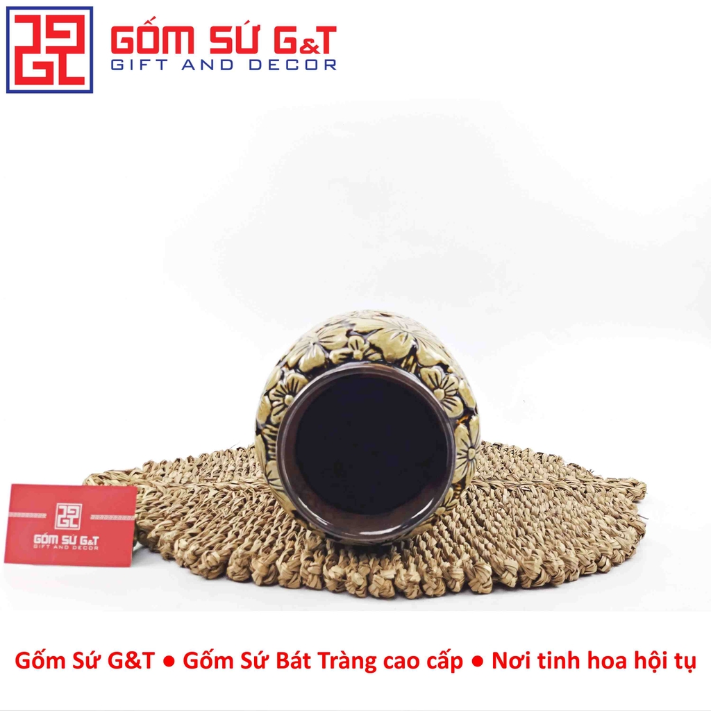 Lọ hoa dáng phích nâu  khắc ngàn hoa H25