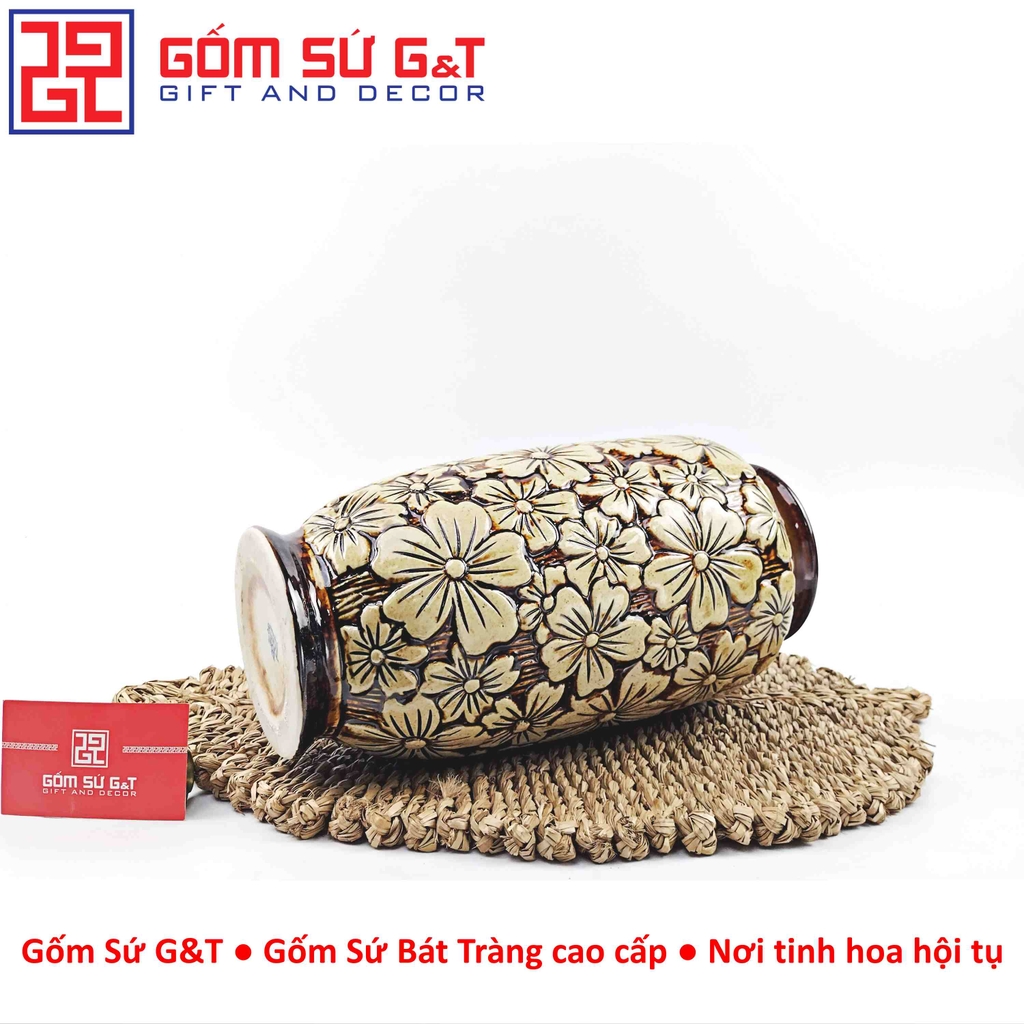 Lọ hoa dáng phích nâu  khắc ngàn hoa H25