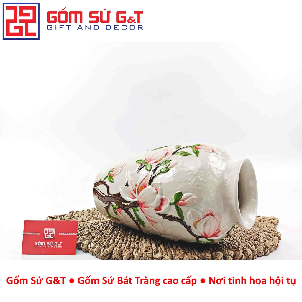 Lọ hoa dáng phích khắc hoa mộc lan hồng H27