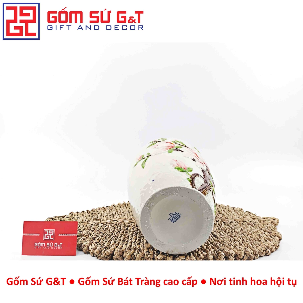 Lọ hoa dáng phích khắc hoa mộc lan hồng H27