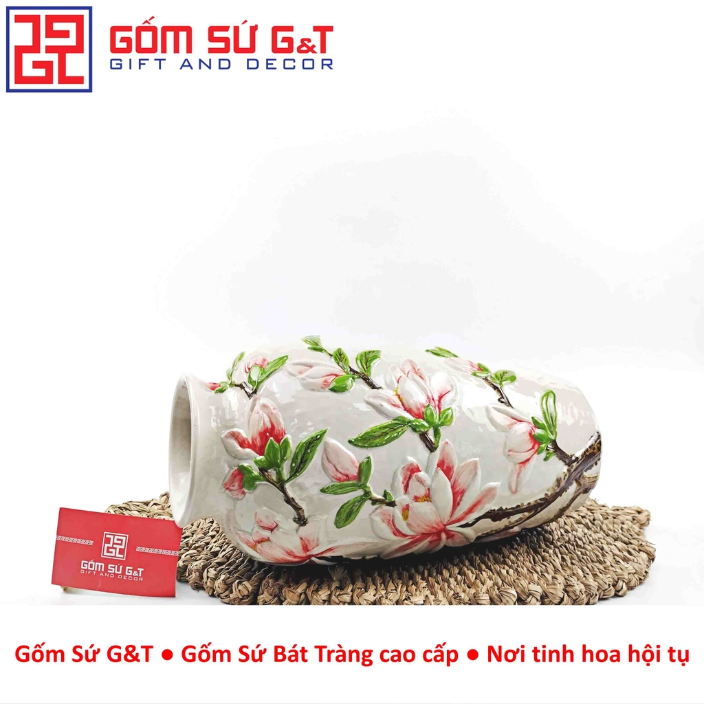 Lọ hoa dáng chân đèn khắc hoa mộc lan hồng H30