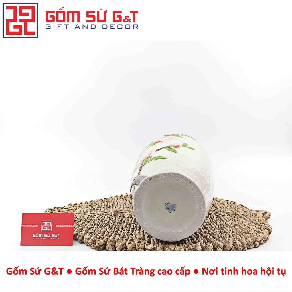 Lọ hoa dáng chân đèn khắc hoa mộc lan hồng H30