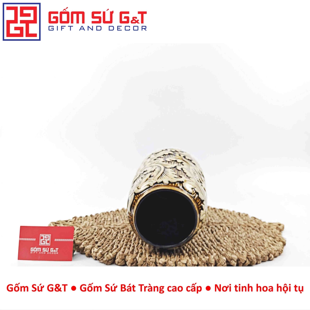 Lọ hoa dáng đu đủ nâu khắc hoa phù dung H27