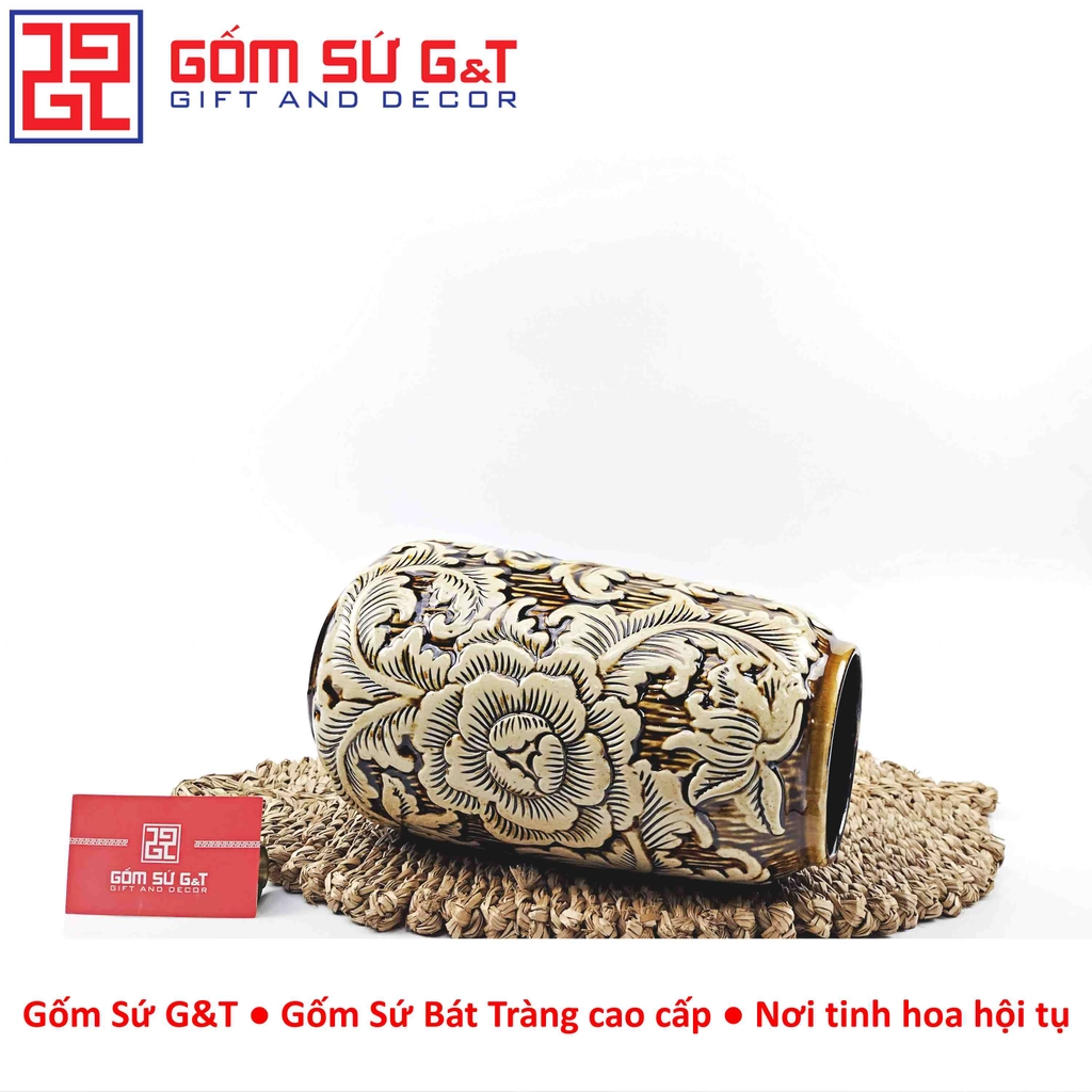 Lọ hoa dáng đu đủ nâu khắc hoa phù dung H27
