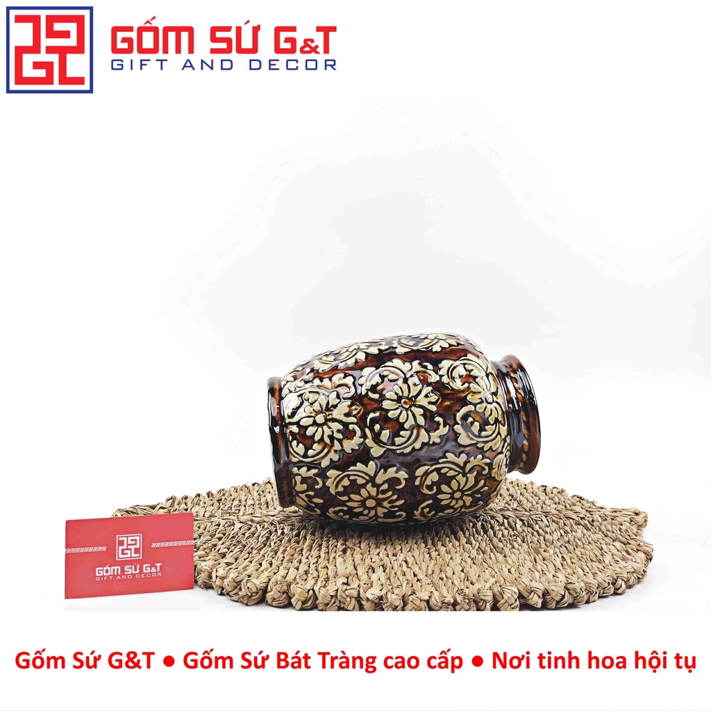 Lọ hoa dáng vò nâu khắc  H22