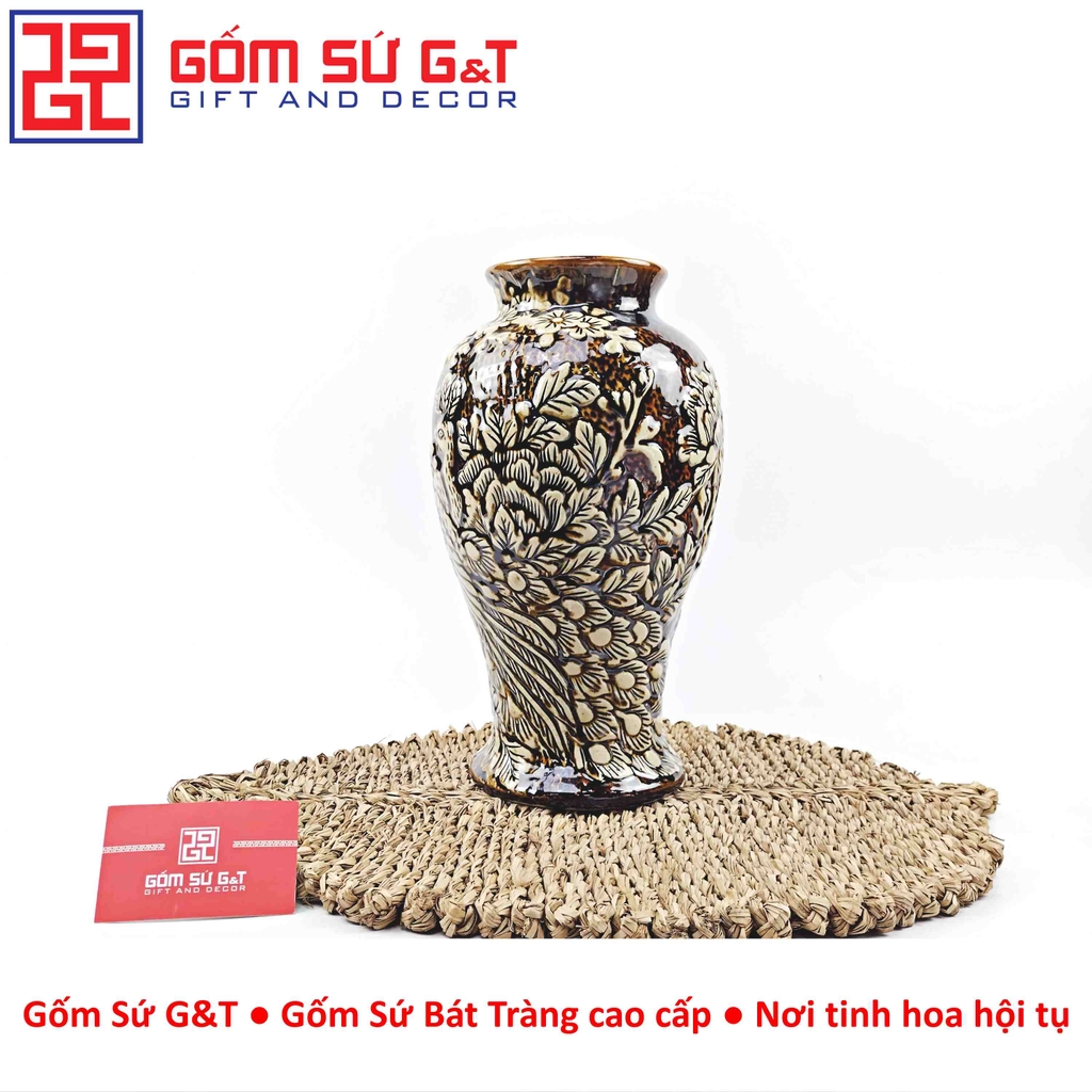 Lọ hoa dáng mai bình nâu khắc công đào H30