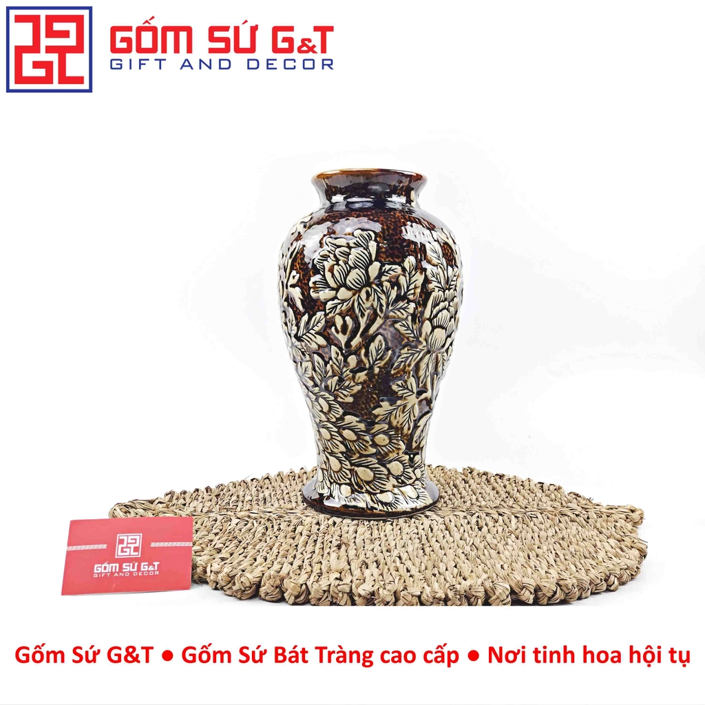 Lọ hoa dáng mai bình nâu khắc công đào H30