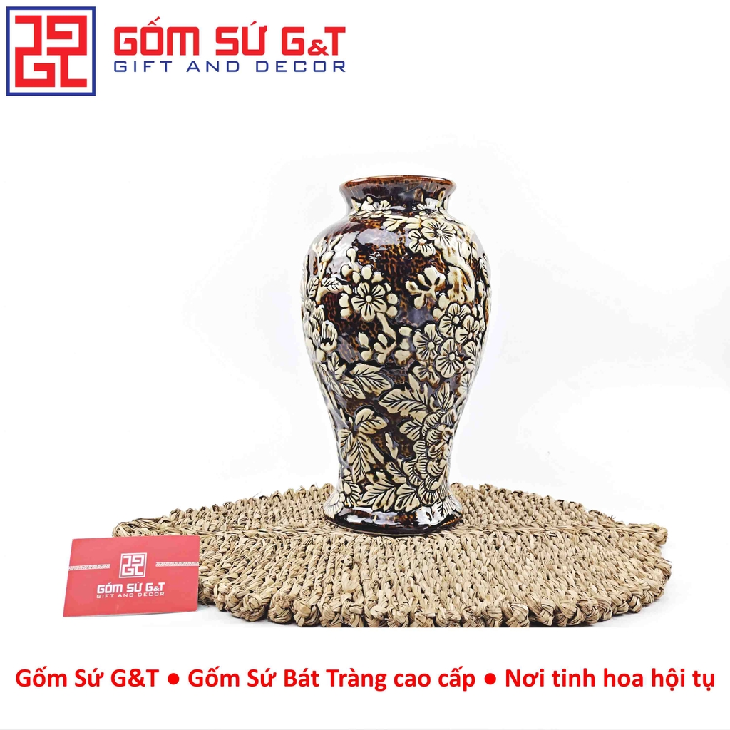 Lọ hoa dáng mai bình nâu khắc công đào H30