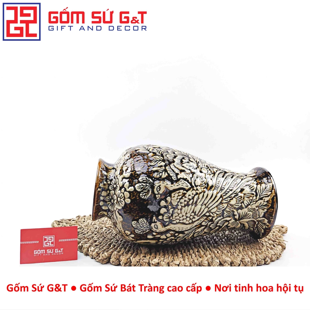 Lọ hoa dáng mai bình nâu khắc công đào H30