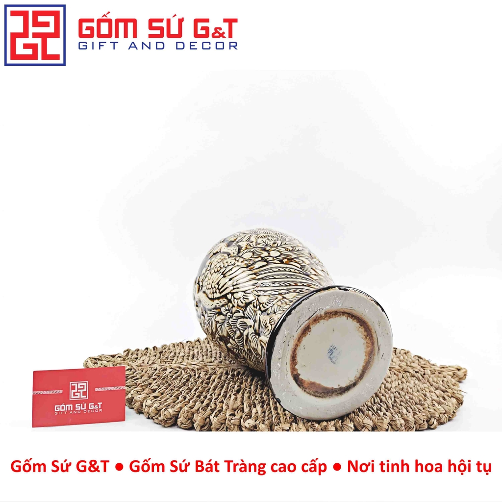 Lọ hoa dáng mai bình nâu khắc công đào H30