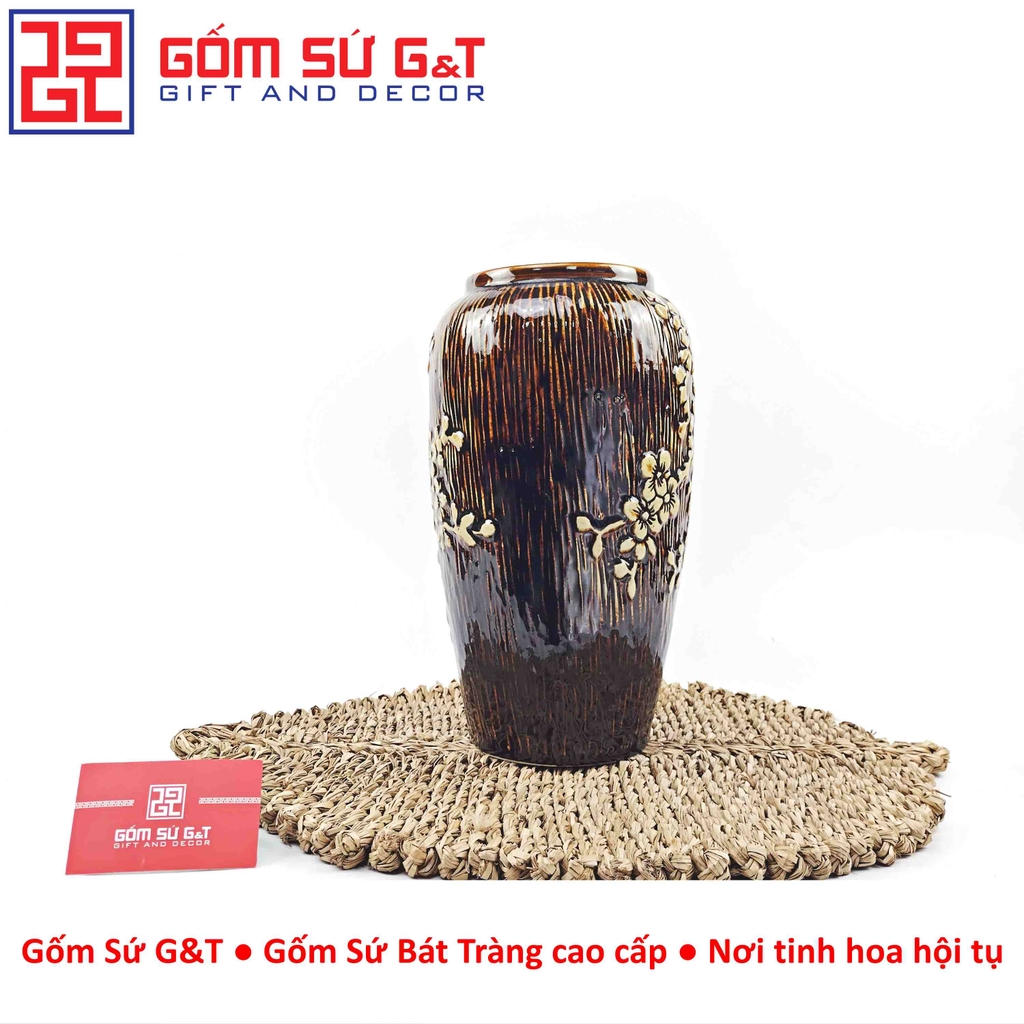 Lọ hoa dáng phích nâu khắc chim đào H30