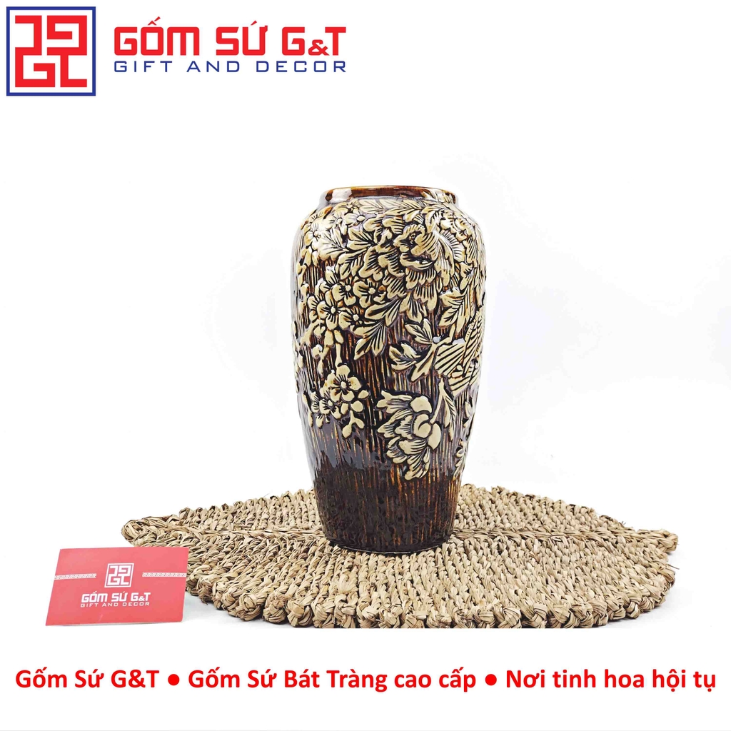 Lọ hoa dáng phích nâu khắc chim đào H30