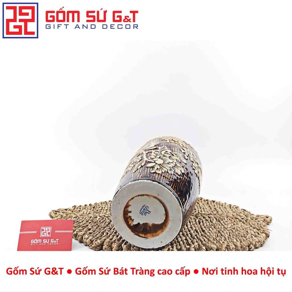 Lọ hoa dáng phích nâu khắc chim đào H30