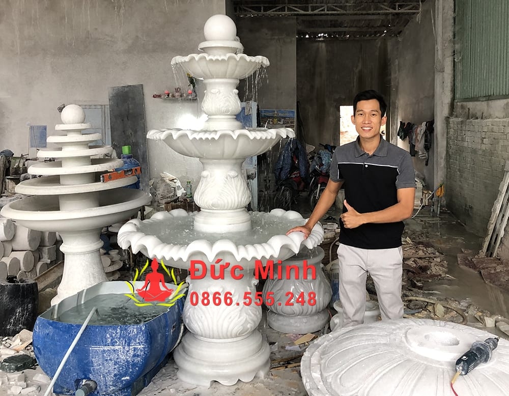 Đài Phun Nước Đá Trắng Phong Thủy Đẹp cao 2m