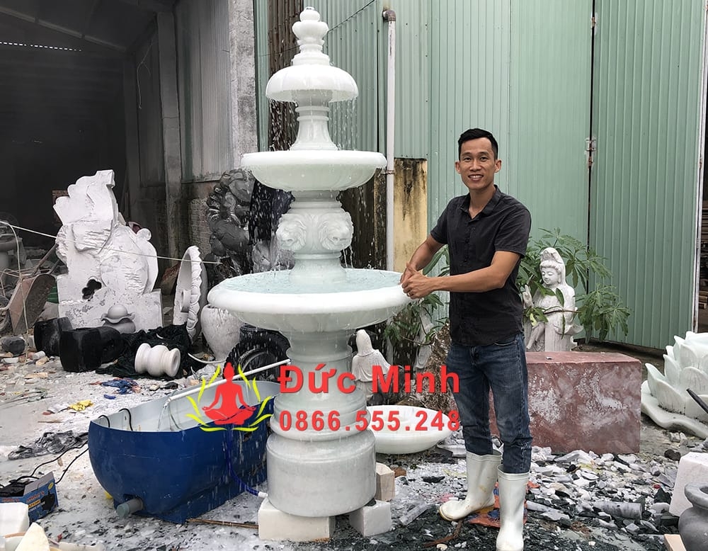 Đài Phun Nước Sư Tử Đá Phong Thủy Sân Vườn