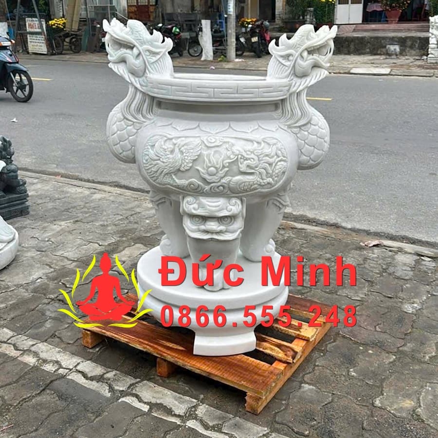 Lư Hương Tứ Linh Đá Trắng Nguyên Khối Cao 1m2