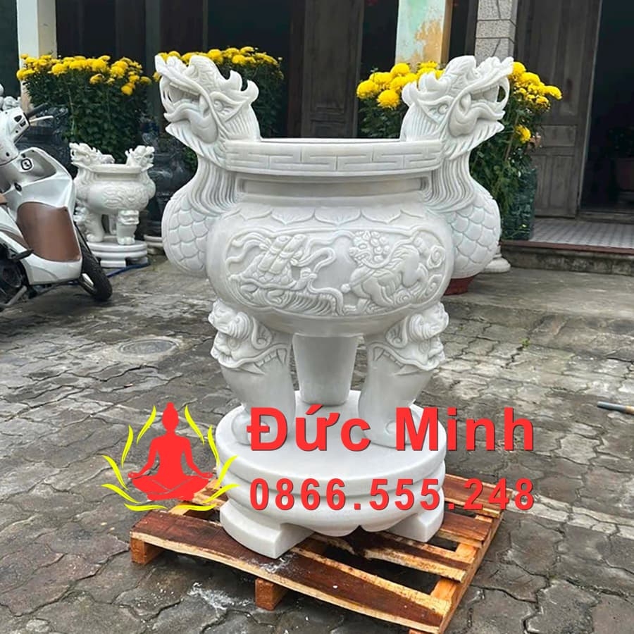 Lư Hương Đá Tứ Linh Đá Cẩm Thạch Trắng Đẹp