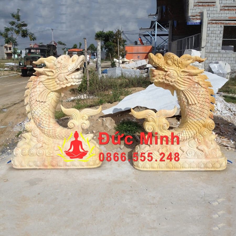 Tượng Cá Chép Hóa Rồng Đá Cẩm Thạch Vàng Đẹp