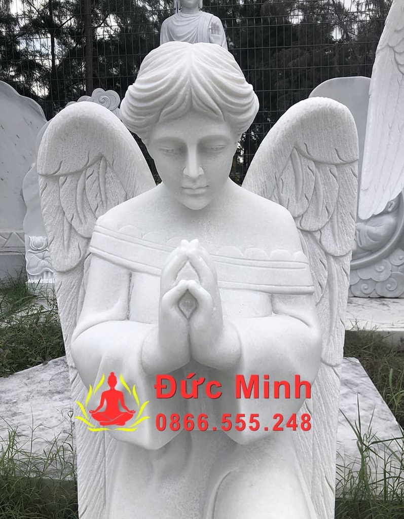Tượng Nữ Thiên Thần Quỳ Gối Đá Trắng Đẹp