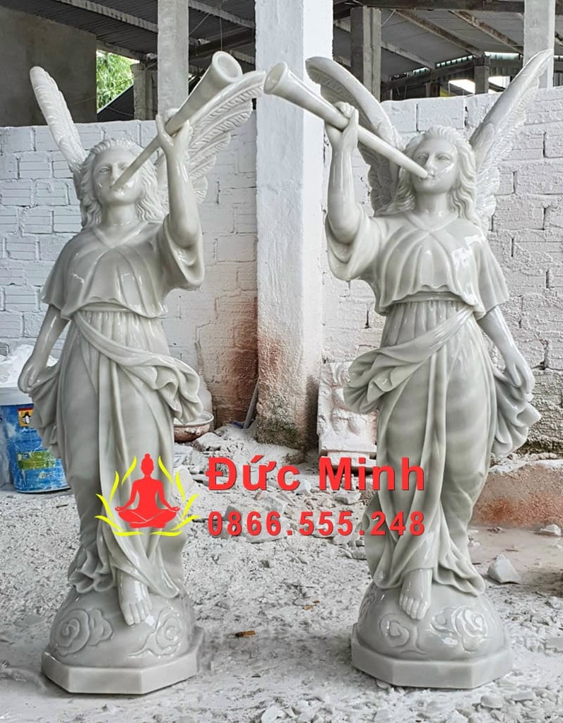 Tượng Nữ Thiên Thần Cầm Đút Đá Trắng Đẹp