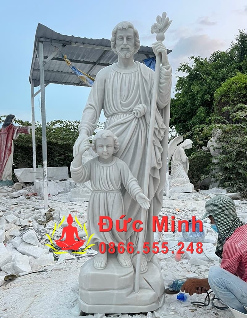 Tượng Thánh Giuse Dắt Chúa Hài Đồng Đá Trắng Đẹp Cao 2m