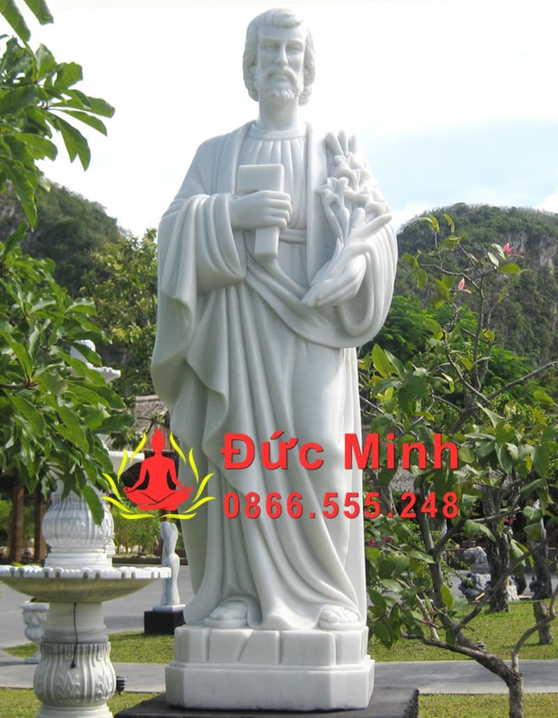 Tượng Thánh Giuse Thợ Đá Trắng Đẹp Nguyên Khối