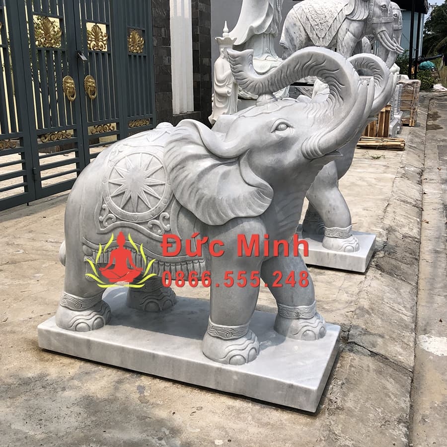 Tượng Voi Chiến Đá Cẩm Thạch Xám Đẹp Nguyên Khối
