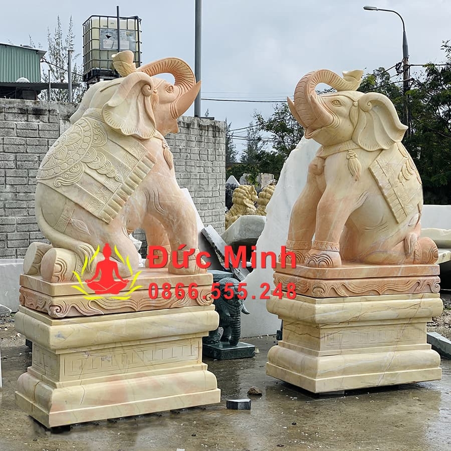 Tượng Voi Ngồi Đá Cẩm Thạch Vàng Để Cổng Đẹp